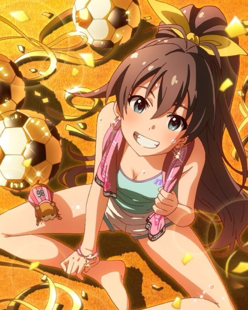 アイドルマスター、アイドルマスターミリオンライブ！、我那覇響、ハム蔵、公式アート、♪、にやり、タオル、ロングヘア、コンフェティ、ポニーテール、レンズフレア、サッカーボール、:d、乳、キャラ名、女一人、宝飾、汗、玉、短パン、笑顔、耳飾り、胸の谷間、開口、閲覧者を見ている、青緑色の目、黒髪