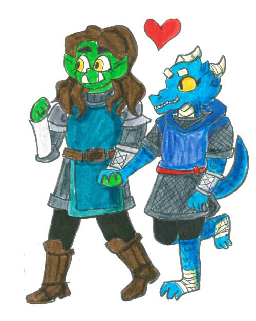 [ID start: A drawing of Killian and Carey from the adventure zone. Killian is an orc woman with gree