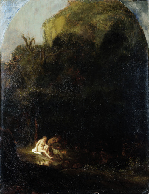 drakontomalloi: Follower of Rembrandt - Diana Bathing Surprised by a Satyr. N.d., 17th century