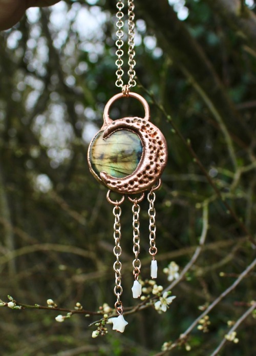 Labradorite moon with dangling shell stars Handmade in Northern Ireland. Just one of the necklaces n