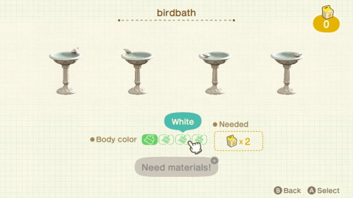 Item: birdbath# of customizations: 4Customization names: natural, red, white, blackCustom kits neede