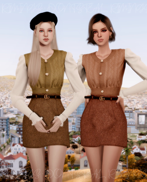 [RIMINGS] Puff-sleeve Short Kint Blouse & Belt A-line Skirt- TOP / BOTTOM- NEW MESH- ALL LODs- N