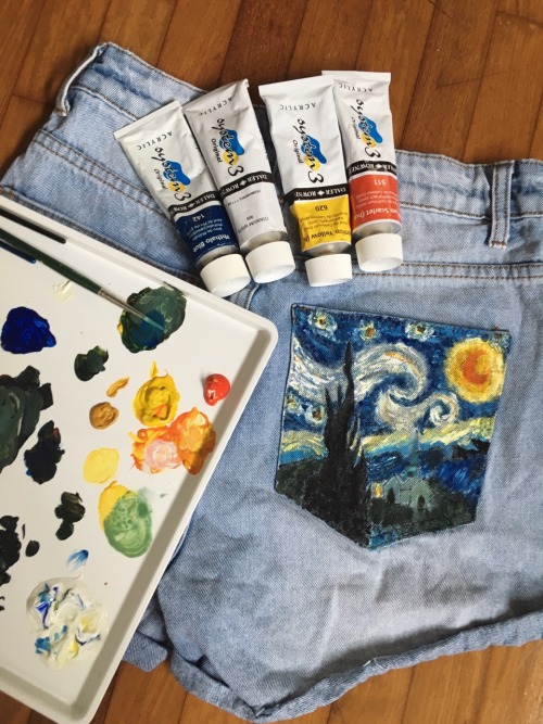 astralflorist:✧･ﾟ:  kicking off the new year with some van gogh on thrifted denims : *✧･ﾟ