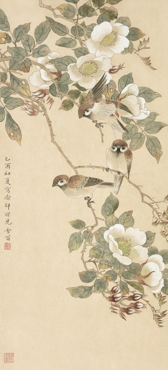 Sparrows Perching by the Camellia. Chen Zhifo (陈之佛). Ink and color on paper. 1945.Chen Zhifo (1896-1