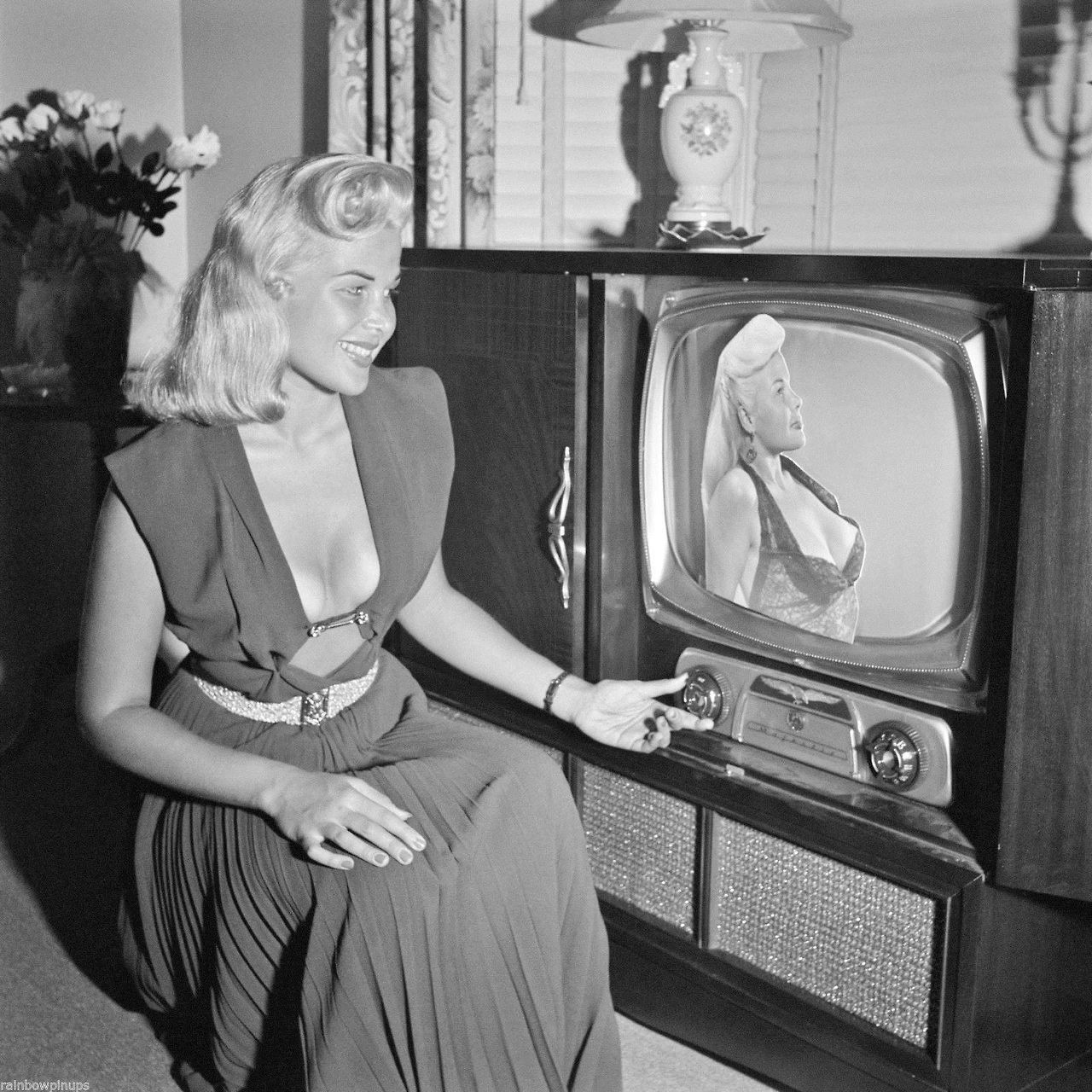 broadcastarchive-umd:  damsellover:  Gloria Pall  with a vintage console TV, 1950s.