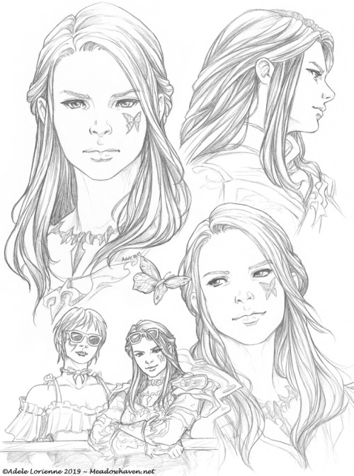 Pencil sketchpages of my Meadow Haven and @ffxv-etc’s Adura Firescythe, our Warrior of Light c