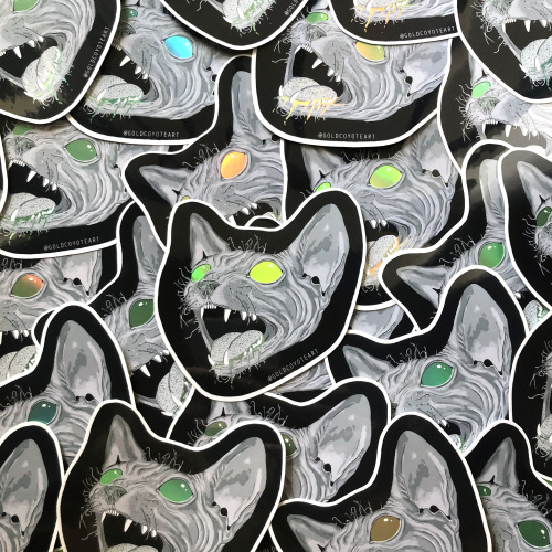 New holographic sphynx cat stickers in my store! Eyes, drool, and spots on tongue and nose shine mul