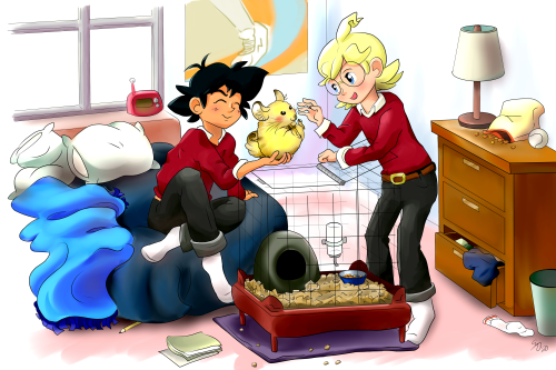opallene: It’s been a million years but the Diodeshipping Real-World School Boys AU that me and @citrus-cactus thought up is eternal and will never die!  Ash is on the track team, and this is his dorm room, where he’s invited his new friend Clemont