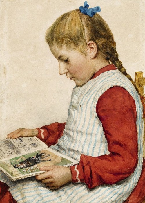 history-of-fashion:1907 Albert Anker - A Girl Looking at a Book(Private collection via Kunsthaus Lem