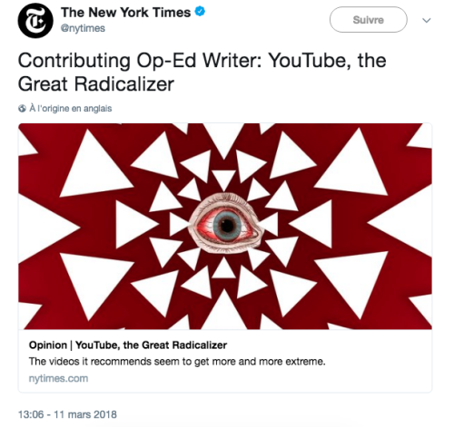 maaarine:   YouTube, the Great Radicalizer(The New York Times, Mar 10 2018) Zeynep Tufekci:  “At one point during the 2016 presidential election campaign, I watched a bunch of videos of Donald Trump rallies on YouTube. I was writing an article about
