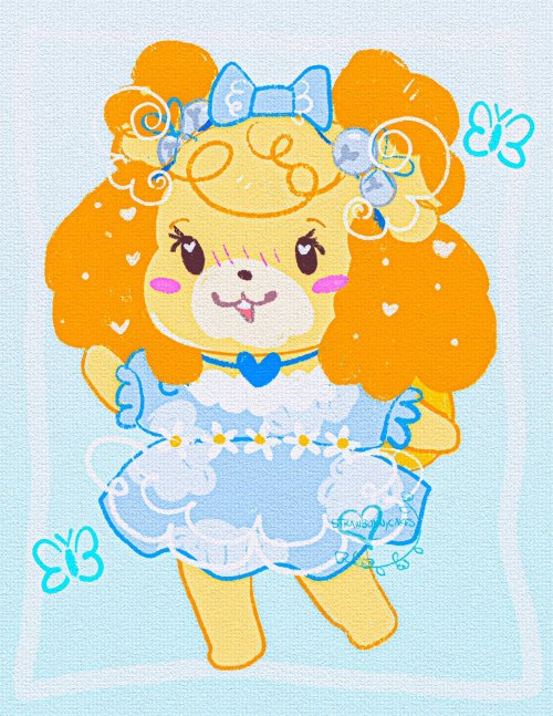 A stylized illustration of Isabelle from Animal Crossing (yellow/orange shih tzu dog character). She has her fur in two puffy and curly pigtail twin buns on the top and sides of her head, with her fluffy ears hanging down below, next to the sides of her face. She has two bells holding up each twin bun. She has curly bangs, with a blue bow on her head. She wears a baby blue/light blue dress with white clouds on it and white flowers around her waist. She wears a blue heart choker as well. She's drawn waving to the viewer. The background is a gradient light blue, with two butterflies on both of her sides