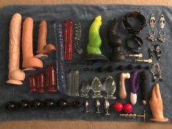 adventurouskittensub:  Current kitten toy collection as of Jan 2018 😻 Sir keeps all the leather, rope and bondage in his collection 😈