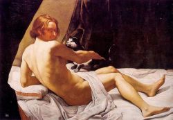 Young man with cat on the bed. 1620. Giovanni