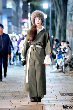 tokyo-fashion:  20-year-old Miwa on the street in Harajuku wearing a look that mixes vintage fashion with modern streetwear and includes a belted kimono coat over a Little Sunny Bite top, Kappa pants, and platform sandals from Gallerie Harajuku. Full