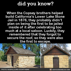 did-you-kno:  When the Copsey brothers helped  build California’s Lower Lake Stone  Jail in 1876, they probably didn’t  plan on being the first to be jailed  inside of it after celebrating too  much at a local saloon. Luckily, they  remembered that