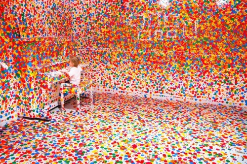 exxxmilitary:  The Obliteration Room - Yayoi Kusama (2012)  Yayoi Kusama constructed a beautiful yet simple domestic environment complete with a piano, a table, chairs, and other household decorations in a brilliant white at the Queensland Gallery of