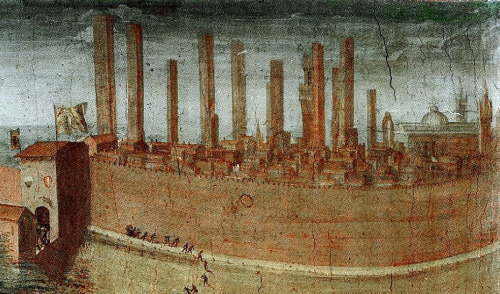 The battle of Camollia. Detail: the towers of Siena.La battaglia di Camollia fu combattuta presso Po