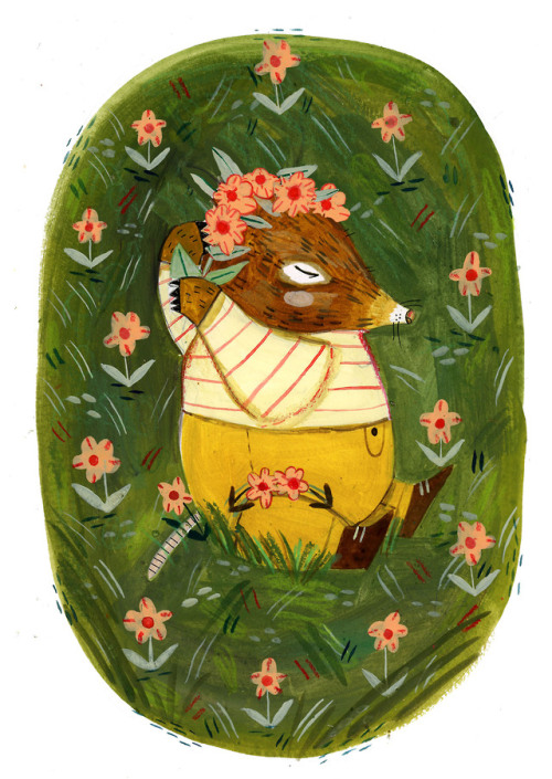 madisonsaferillustration: A mole tying a flower crown.