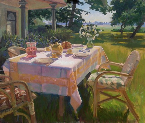 Yellow table in the morning sun  -   Joost Doornik .Dutch,b.1964-Oil on canvas,  75 x 105 cm.