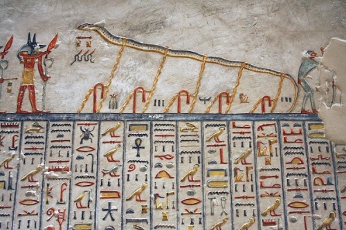 egypt-museum:Relief of ApepApep (Apophis) bound inin the Tomb of Ramesses V (KV9), Valley of the Kin