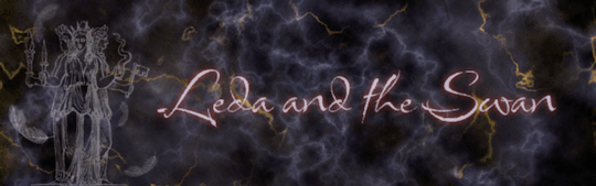 A banner with pale mauve text reading "Leda and the Swan". There is a red glow that pulses softly around each letter. To the left is a translucent illustration of the 3 Fates with white feathers falling slowly around them. The background is a dark indigo pattern with gold and white marbling that resembles lightning in a storm cloud.