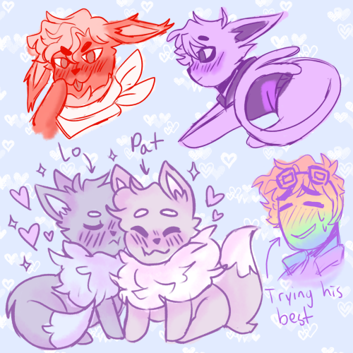 sugarglider9603:Here’s a bunch of Pokemon au doodles! Featuring Eevee Lo and Pat snuggling, Roman be