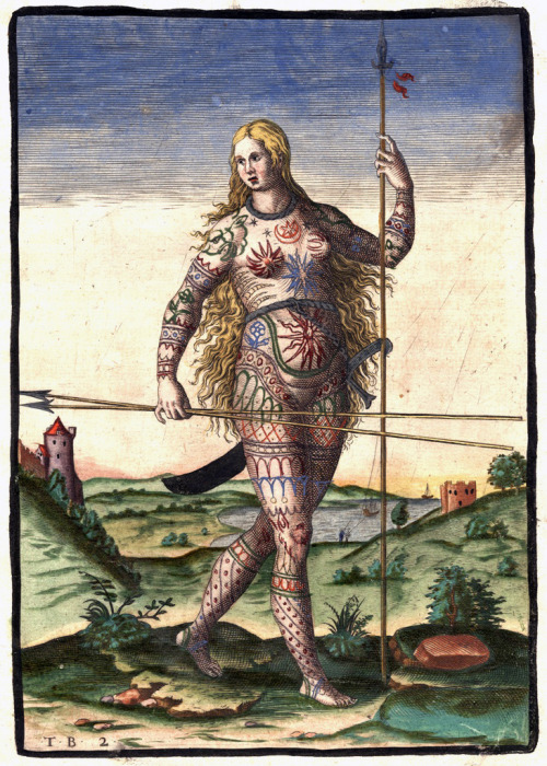 Hand-colored version of Theodor de Bry’s engraving of a Pict woman (a member of an ancient Cel