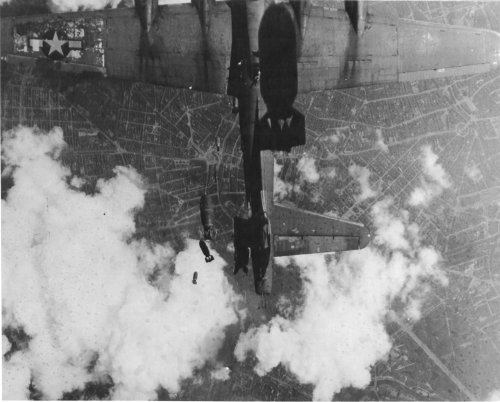lex-for-lexington:B-17G Flying Fortress ‘Miss Donna Mae II’ hit by a 1000 lb bomb from a bomber abov