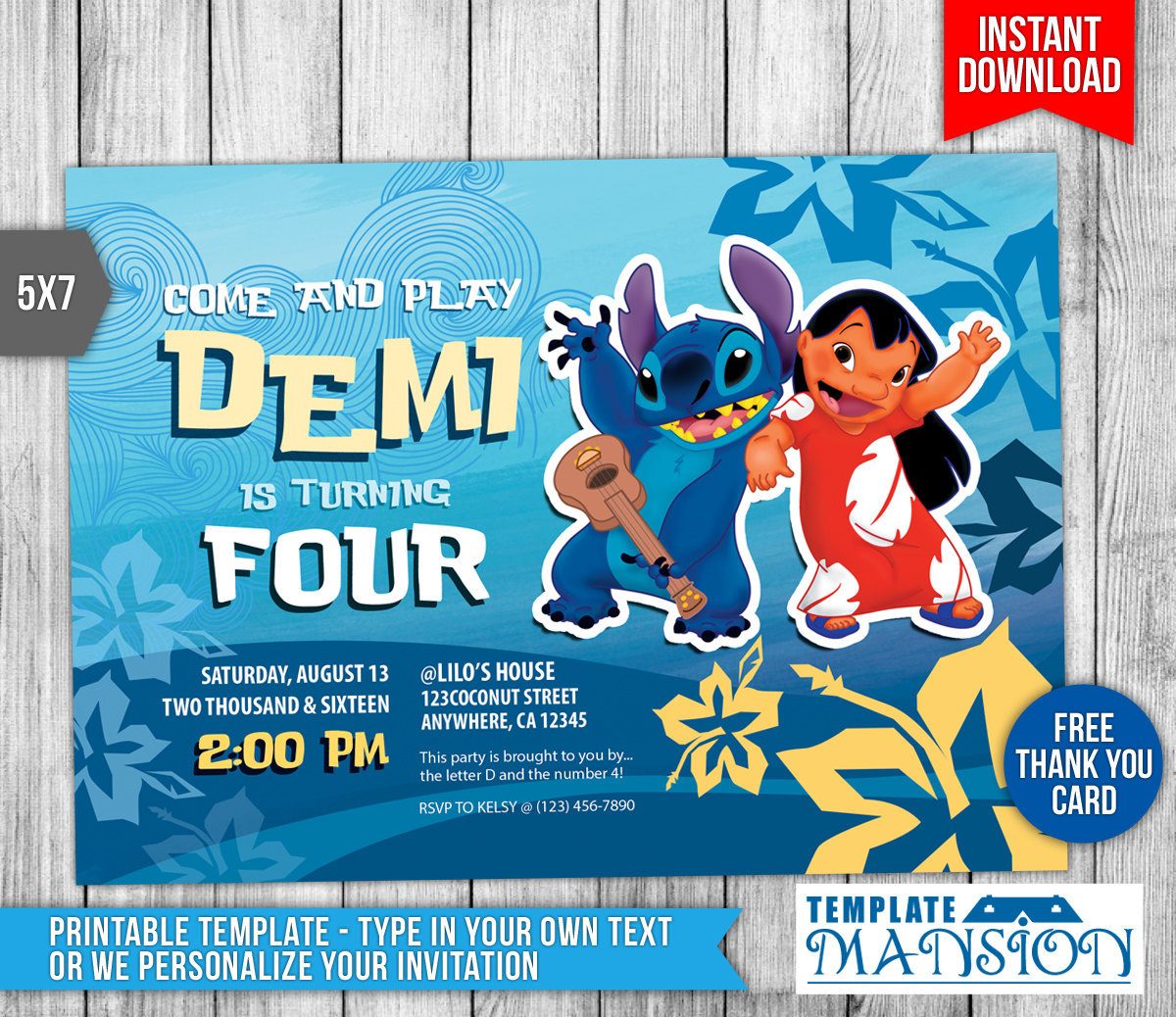 Printable Lilo and Stitch Birthday Invitation Instant Download