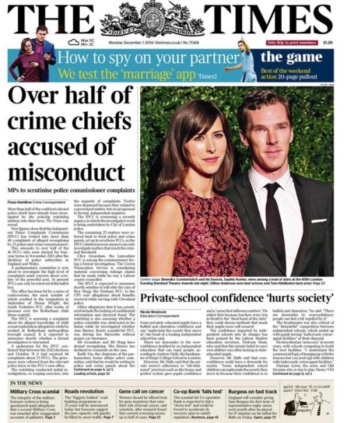 benophiedaily: Benedict Cumberbatch and Sophie Hunter on the front page of The Times