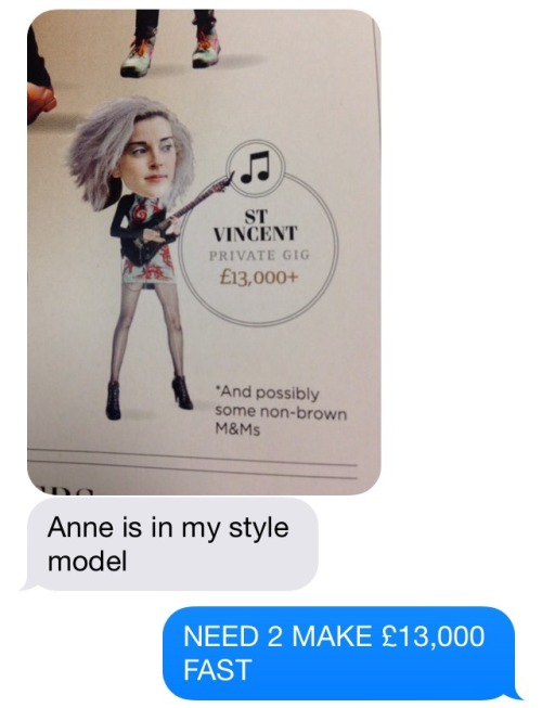 ifuckinglovestvincent:  fuckyeahstvincent:  stquincent:  my friend sent me this and i just wanted to share with everyone the good news that for a measly £13,000 between us, the fanniemals could have annie thrash around in one of our very own living rooms