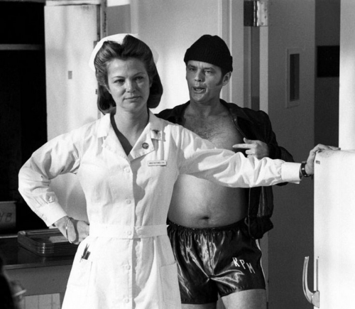 blackros78:  Jack Nicholson messing with Louise Fletcher behind her back between takes on One Flew O