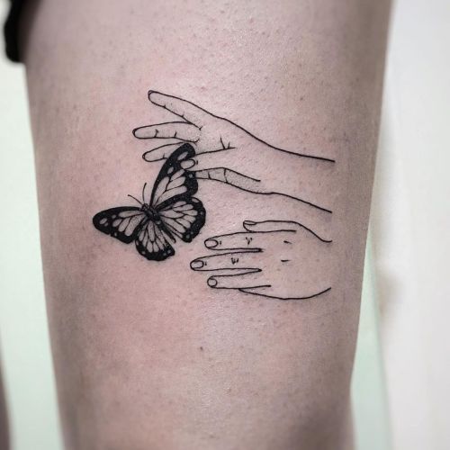 ig: fimmtattooer butterfly;handshake;outline;thigh