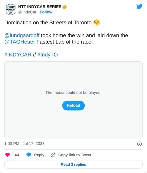 Domination on the Streets of Toronto 😮‍💨@lundgaardoff took home the win and laid down the @TAGHeuer Fastest Lap of the race. #INDYCAR // #IndyTO pic.twitter.com/KUEHfYKkAp  — NTT INDYCAR SERIES (@IndyCar) July 17, 2023