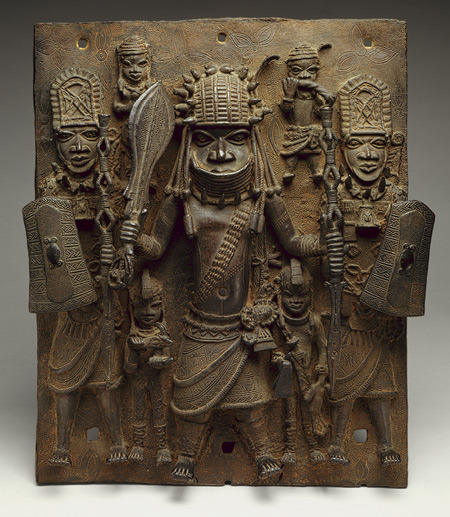 A plaque depicting warriors and attendants, Edo people, Benin, 16th-17th century.Currently on displa