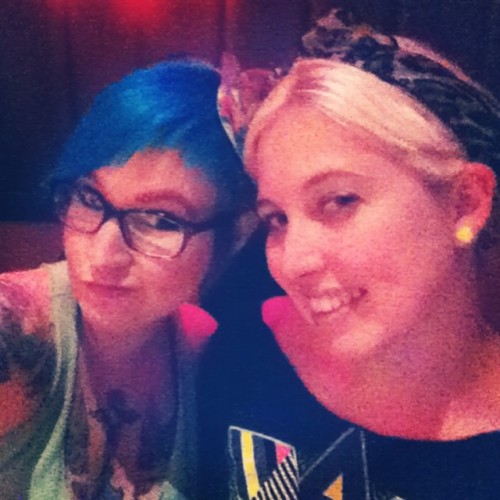 Back at our adventures! #tattoos #bluehair #pinkeyebrows #ladiesnight