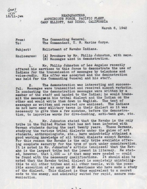A memorandum from Marine Corps Major General Clayton B. Vogelrecommending the enlistment of 200 Nava