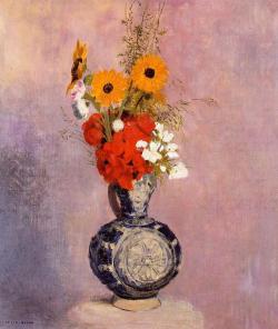 artist-redon: Bouquet of Flowers in a Blue Vase, Odilon Redon Medium: oil,canvashttps://www.wikiart.org/en/odilon-redon/bouquet-of-flowers-in-a-blue-vase-2 