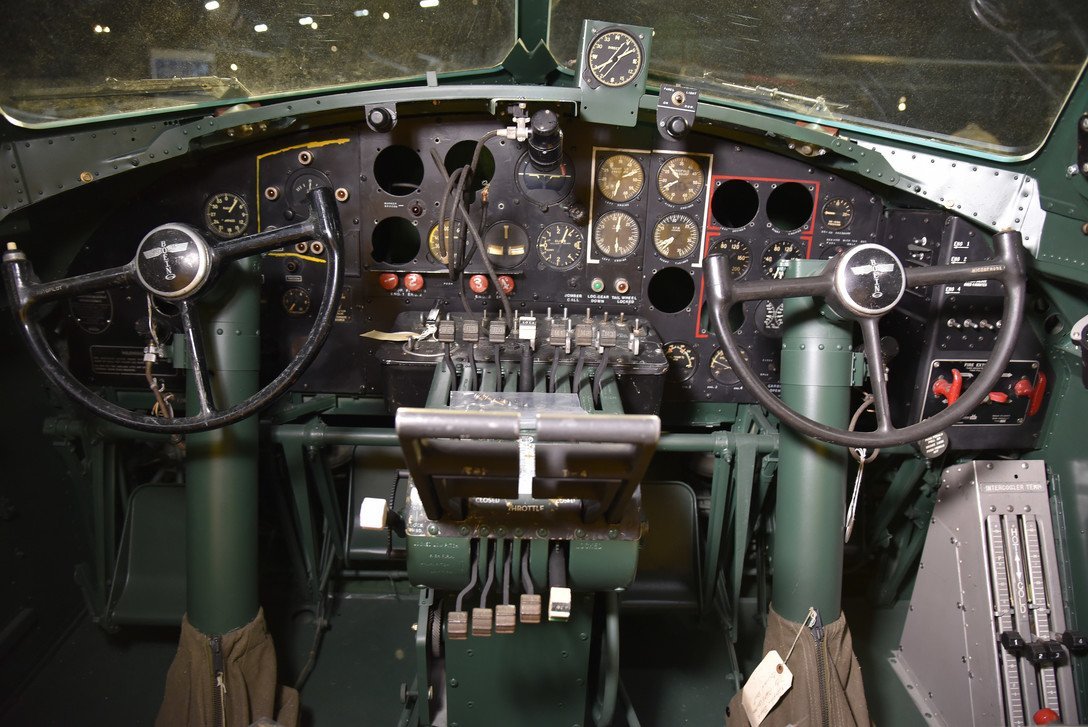 The Boeing B-17F Memphis Belle cockpit undergoing restoration in March 2018 at the