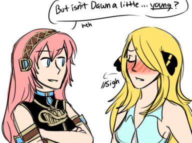 prompt given to me for: Luka/Miku meeting Dawn/Cynthia with luka and cynthia becoming instant friends because of their similar love for tiny girls??? omg      …  moral of the story: i actually have no fucking idea how old dawn is