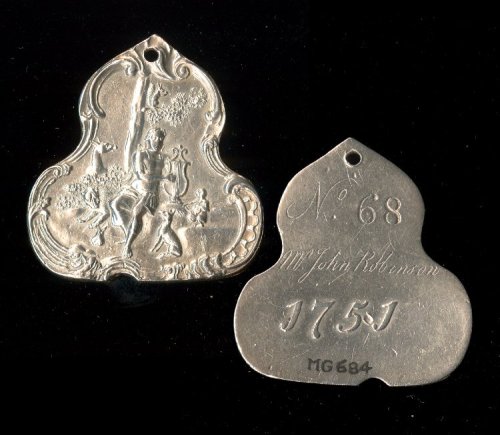 heracliteanfire:Ticket for Vauxhall Gardens, 1751; silver; obverse: Orpheus wearing laurel wreath an