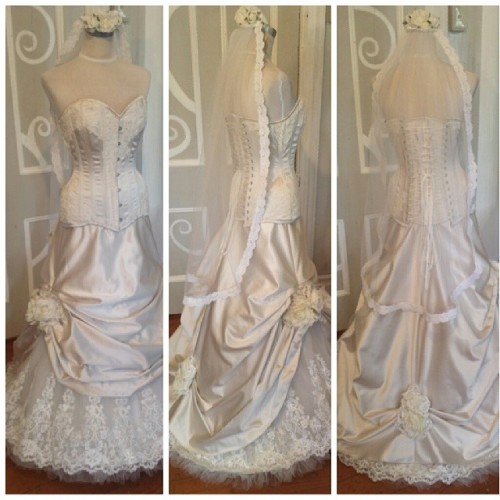 Asphyxia Couture Custom Bridal: Delustered satin w/ french alencon lace & rose detail. Overbust 