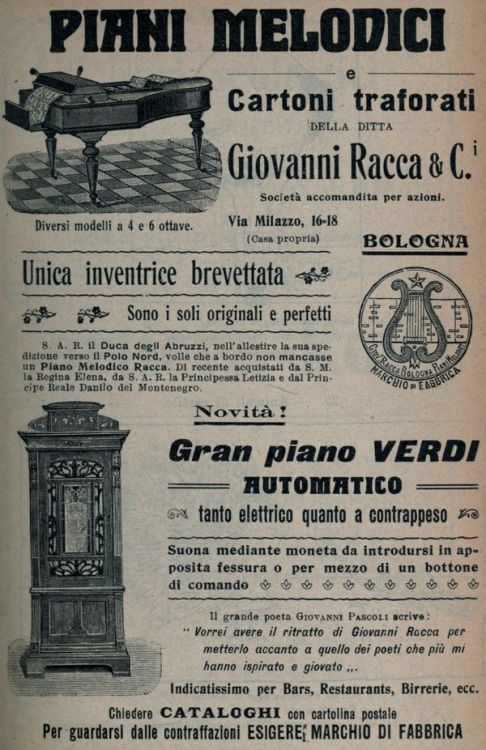 Piani melodici e Cartoni traforatidella ditta Giovanni Racca & C.