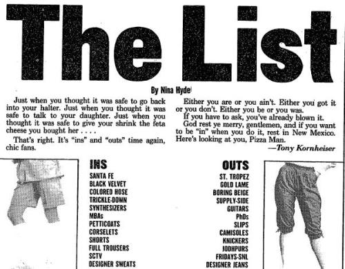 The List arrives Jan. 1. From the 1982 List:
OUT: Watercress
IN: Arugula
Tweet your OUTs and INs for 2013 using #TheList2013.