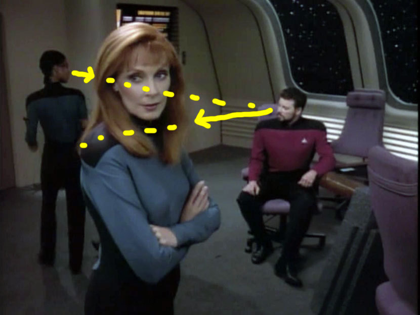 Listen carefully because this is probably the only time I’ll say this: ignore Bev’s face (at least for a minute.) Because I’m pretty sure Riker and Geordi’s pal are checking each other out.