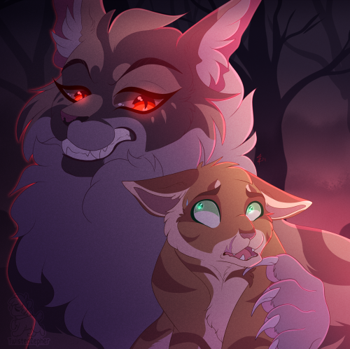 twistedzepherart:Still on a warriors binge.This time featuring Mapleshade haunting Crookedpaw.Poor b