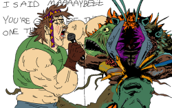 phillip-bankss:  ko-fi request: “Also could you draw Joseph Joestar drunk and singing Wonderwall with that horrible thing from the Ocean Man album art?”