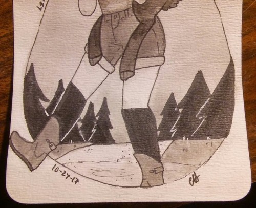 Inktober day 27. Climb and plastic boots. Her goat doesn’t like rain puddles. So She climbs on