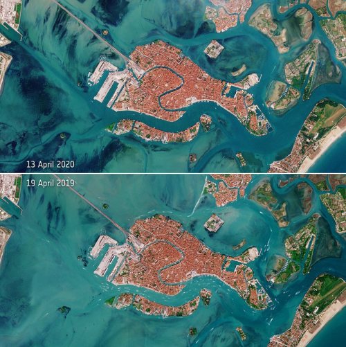 colchrishadfield:Venice from space yesterday - Grand Canal empty of boats vs 2019. @europeanspaceage