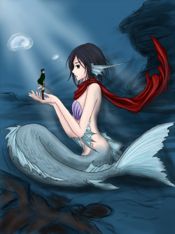 beautiful-illusion-wonder:  Mermaid Mikasa  Mermaid by 90迈的鹿  Is she holding miniature Levi in her hands? I think so :D  I was going to put this in the tags but I think I have to actually comment it since it&rsquo;s too long: This could easily be